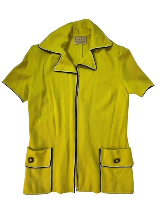 LUCIA YELLOW KNIT BLAZER JACKET WITH POCKETS VINTAGE BUTTONLESS TOP WOMAN MEDIUM - Picture 2 of 9